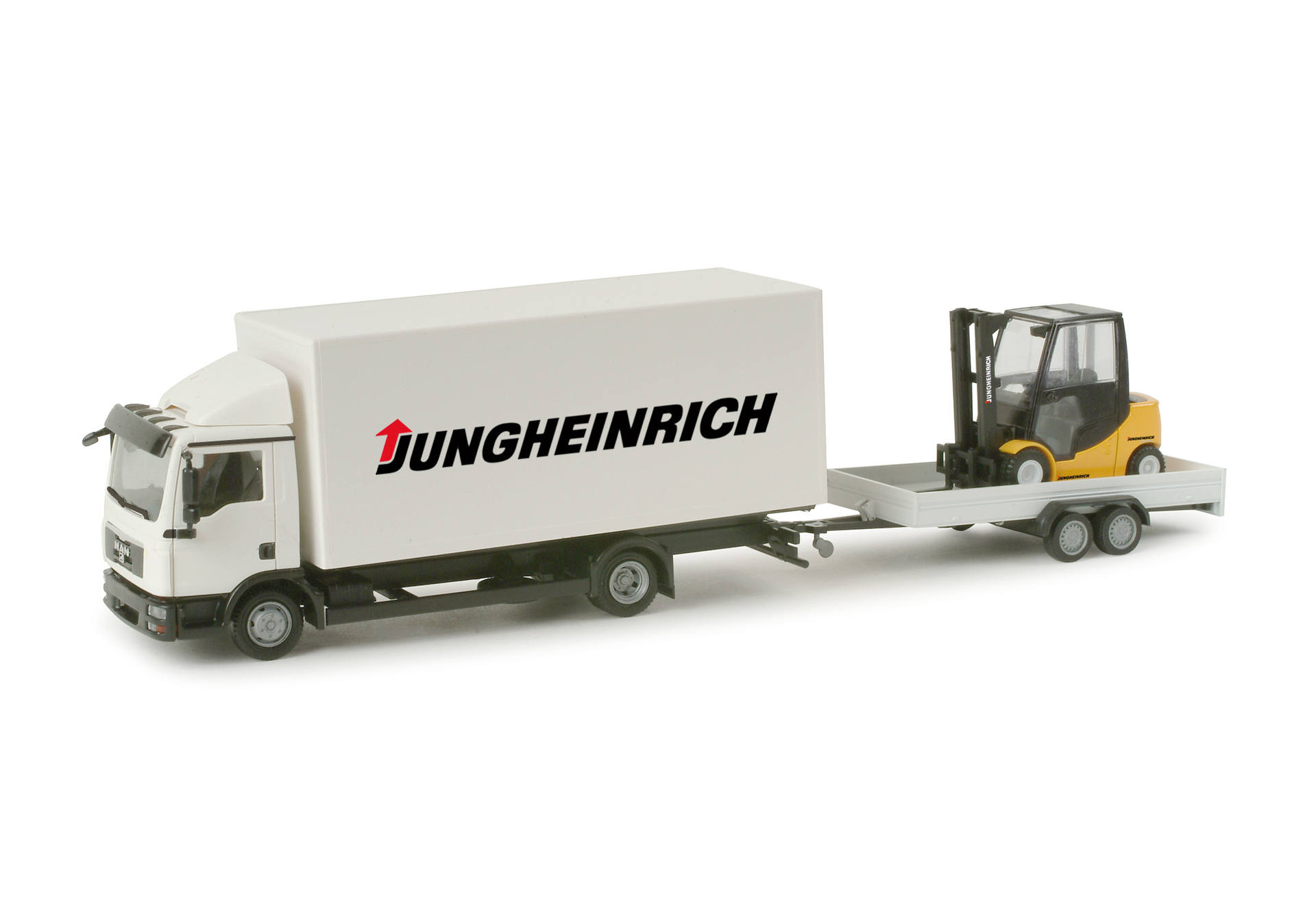 Herpa MAN TGL box truck with trailer and fork lifter 